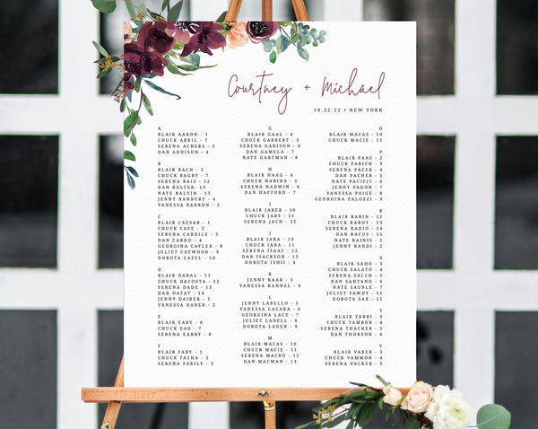 Burgundy Wedding Seating Chart Template, Boho Floral Alphabetical Seating Chart, Boho Wedding Seating Board, Instant Download, Templett, W32