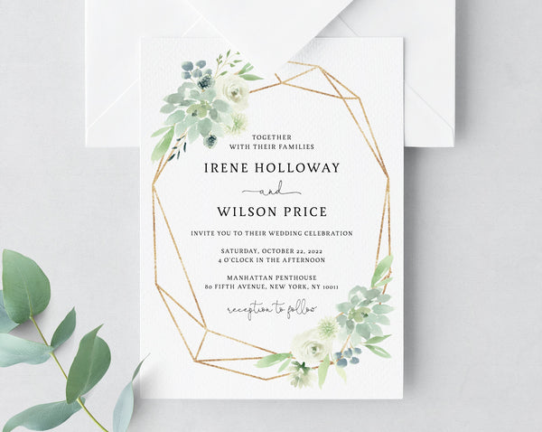 Succulent Wedding Invitation Template, Printable Wedding Invitation Suite, Watercolor Succulent and Gold Wedding Invitation, Templett, W40B