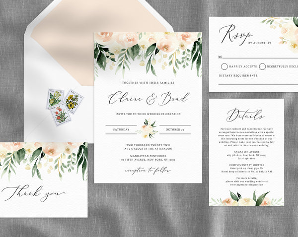 Blush & Ivory Floral Wedding Invitation Template, Printable Wedding Invitation Suite, Peach Floral Wedding Invitation Set, Templett, W41
