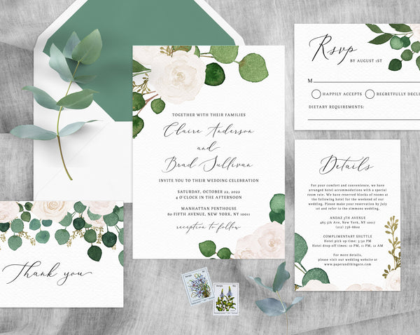 Eucalyptus & White Floral Wedding Invitation Template, Printable Wedding Invitation Suite, Greenery Wedding Invite Set, Templett, W42