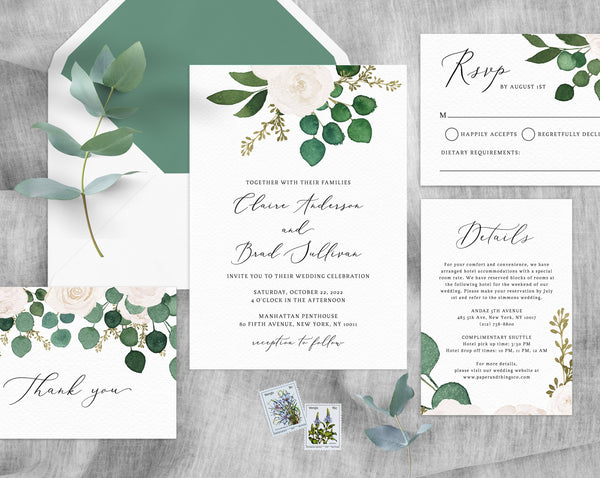 Eucalyptus & White Floral Wedding Invitation Template, Printable Wedding Invitation Suite, Greenery Wedding Invite Set, Templett, W42