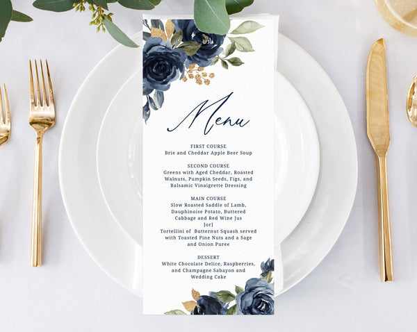 Navy & Gold Wedding Menu Template, Printable Floral Menu, Editable Wedding Menu, DIY Wedding Menu, Templett, Instant Dowload, W27