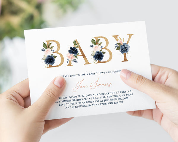 Navy & Blush Baby Shower Invitation Template, Printable Floral Baby Shower Invitation, Instant Download, Templett, B34