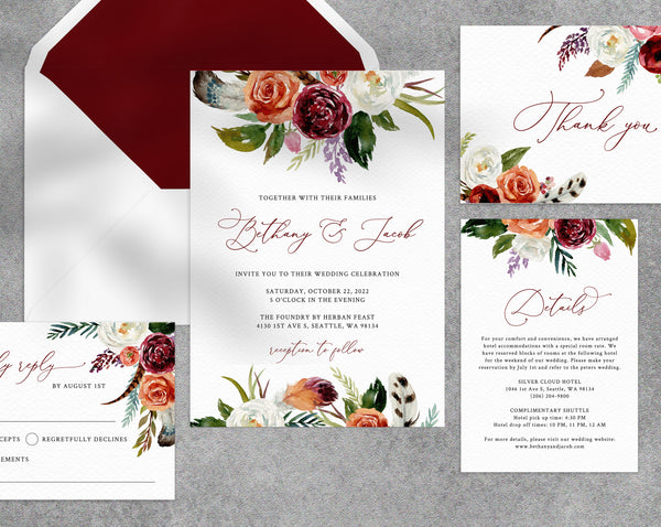 Boho Wedding Invitation Template, Printable Wedding Invitation Suite, Burgundy Wedding Invitation Set, Templett, W43