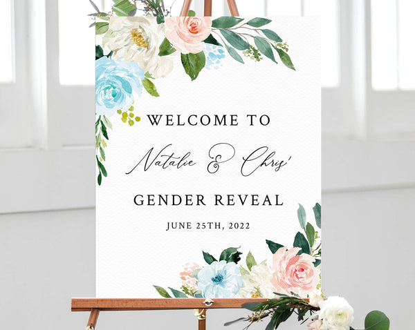 Welcome Sign Template, Gender Reveal Welcome Sign, Printable Gender Reveal Sign, Watercolor Blue or Pink Welcome Sign, Templett