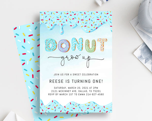 Donut Grow Up Birthday Invitation Template, Donut 1st Birthday Party Invitation, Printable Donut Themed Invite, Instant Download, Templett