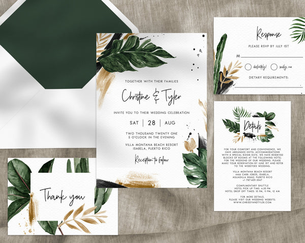 Tropical Wedding Invitation Template, Printable Wedding Invitation Suite, Watercolor Palm Leaves Wedding Invitation, Greenery, Templett, W44