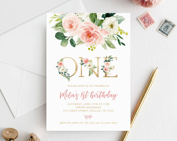 Blush Pink Floral First Birthday Party Invitation Template, Printable Baby 1st Birthday Invitation For Girls, Boho Invite, One, Templett