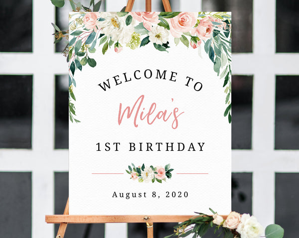 Blush Pink 1st Birthday Welcome Sign Template, Printable First Birthday Welcome Sign, Watercolor Blush Floral Welcome Sign, Templett