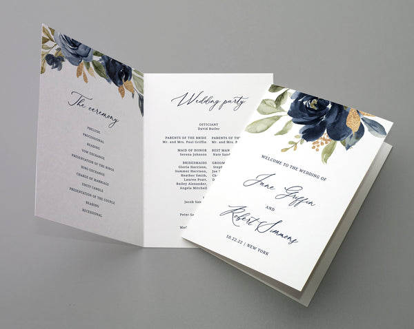 Bi-Fold Navy & Gold Wedding Program Template, Printable Folded Wedding Program Booklet, Editable Navy Floral Wedding Program, Templett, W27