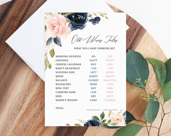 Old Wives Tales Template, Navy Blue and Blush Pink Gender Reveal Old Wives Tales Chart, Watercolor Gender Reveal Game, Templett, B34