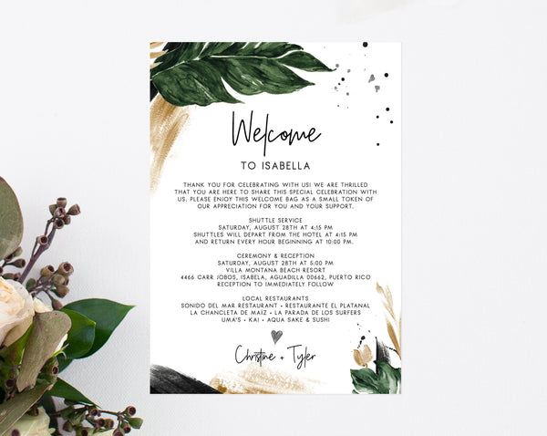 Tropical Welcome Letter Template, Wedding Itinerary Card, Welcome Bag Letter, Wedding Agenda, Printable Hotel Welcome Note, Templett, W44