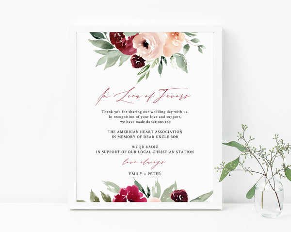 Burgundy & Blush In Lieu of Favors Sign Template, Burgundy Floral In Lieu of Favors Sign, Editable Wedding Donation Sign, Templett, W45