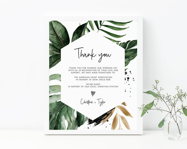 Tropical Leaves In Lieu of Favors Sign Template, Tropical In Lieu of Favors Sign, Editable Wedding Donation Sign, Palm Leaves, Templett, W44