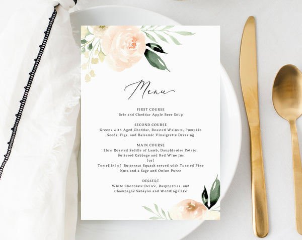 Peach & Ivory Wedding Menu Template, Printable Floral Menu, Editable Wedding Menu, Blush Wedding Menu, DIY Wedding Menu, Templett, W41
