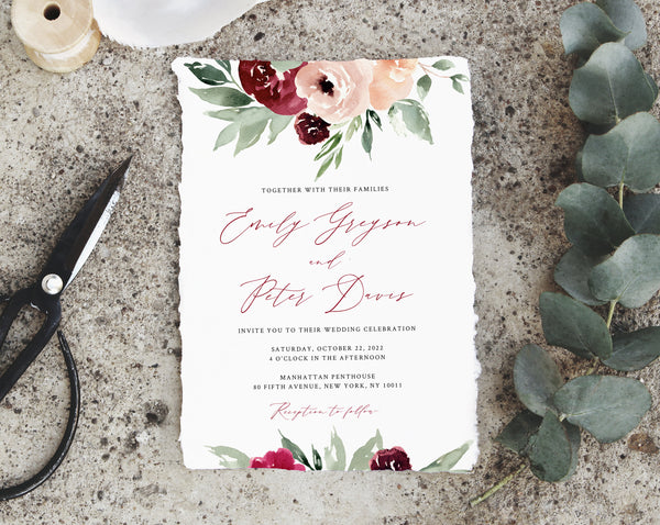 Burgundy Wedding Invitation Template, Printable Wedding Invitation Suite, Burgundy Floral Wedding Invitation Set, Templett, W45