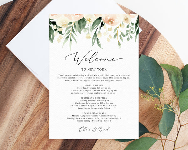 Blush Welcome Letter Template, Wedding Itinerary Card, Welcome Bag Letter, Wedding Agenda, Printable Hotel Welcome Note, Templett, W41