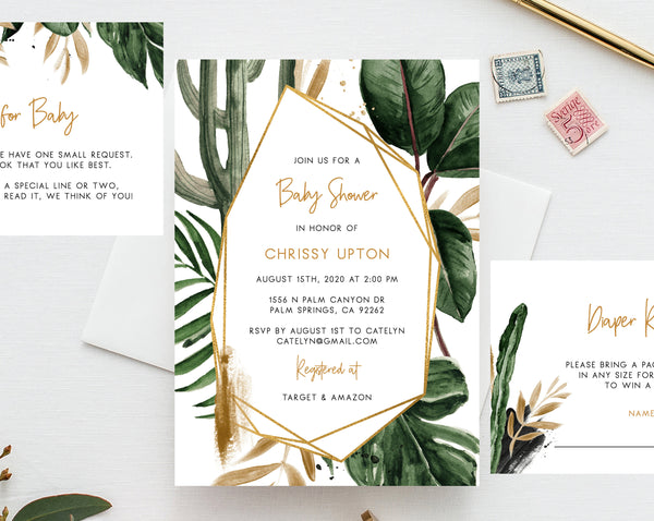 Tropical Baby Shower Invitation Template, Printable Baby Shower Invite, Palm Leaves Baby Shower Invitation, Editable Template, Templett, B44