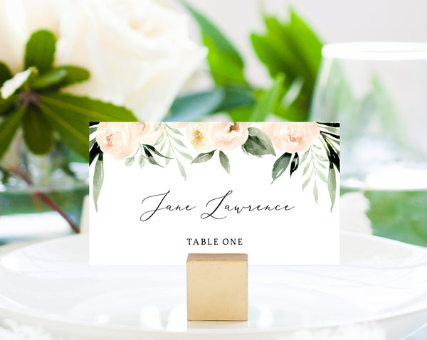 Blush Wedding Place Cards Template, Seating Card, Peach Floral Wedding Table Cards, Printable Wedding Tent Cards, Templett, W41
