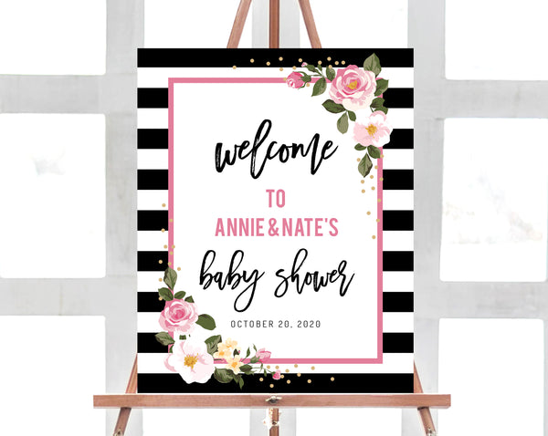 Stripes Baby Shower Welcome Sign Template, Printable Black and White Stripes with Pink Baby Shower Welcome Sign, Templett