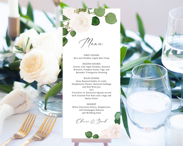 White Floral Wedding Menu Template, Printable Wedding Dinner Menu, Eucalyptus Wedding Menu Card, Instant Download, Templett, W42