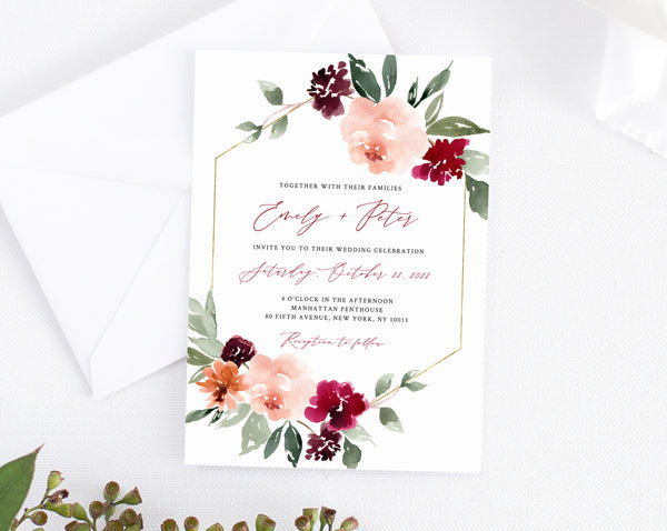 Burgundy Wedding Invitation Template, Printable Wedding Invitation Suite, Burgundy Floral Wedding Invitation Set, Templett, W45