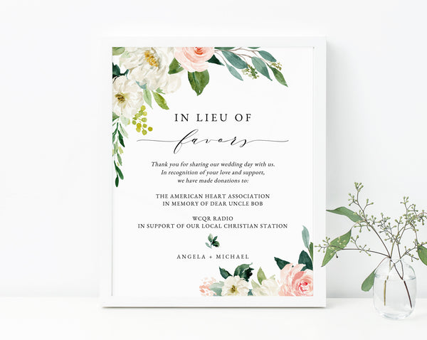 Blush In Lieu of Favors Sign Template, Floral In Lieu of Favors Sign, Editable In Lieu of Favors Sign, Wedding Donation Sign, Templett, W29