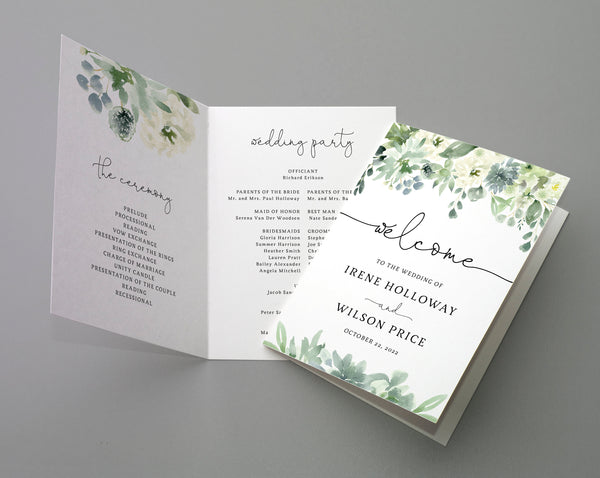 Bi-Fold Succulent Greenery Wedding Program Template, Printable Folded Wedding Program Booklet, Book Fold Order of Ceremony, Templett, W40