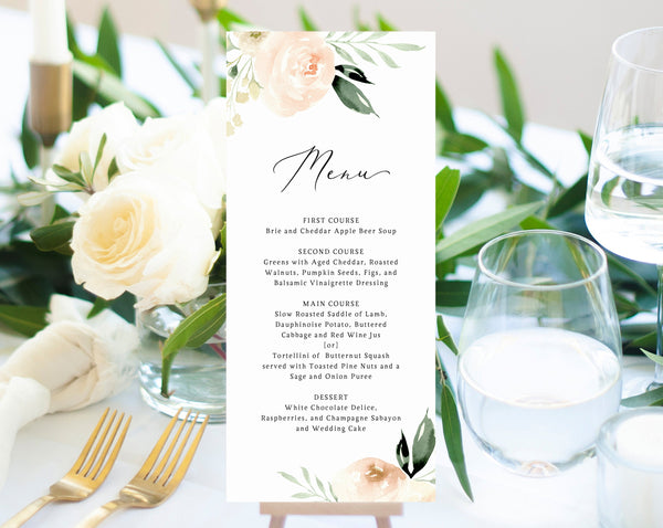 Peach & Ivory Wedding Menu Template, Printable Floral Menu, Editable Wedding Menu, Blush Wedding Menu, DIY Wedding Menu, Templett, W41