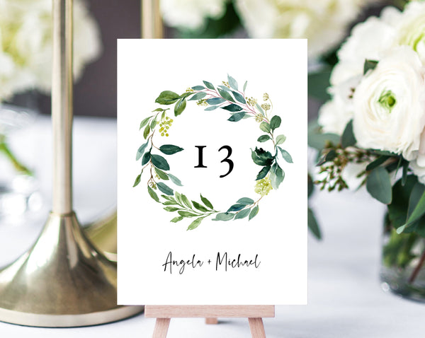 Greenery Wreath Wedding Table Number Template, Printable Wedding Table Numbers, Greenery Table Numbers Card Template, Templett, W28