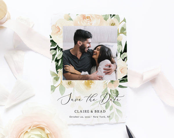 Peach Floral Save the Date Template, Printable Save the Date Photo Card, Editable Save Our Date Template Instant Download, Templett, W41