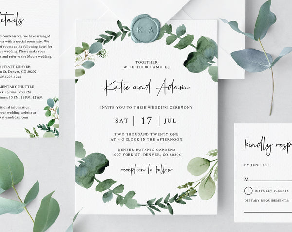 Greenery Wedding Invitation Template, Printable Wedding Invitation Set, Watercolor Eucalyptus Greenery Wedding Invitation, Templett, W48