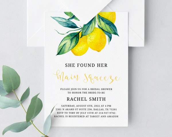 She Found Her Main Squeeze Bridal Shower Invitation Template, Printable Lemon Bridal Shower Invite, Bridal Shower Invite, Templett, W37