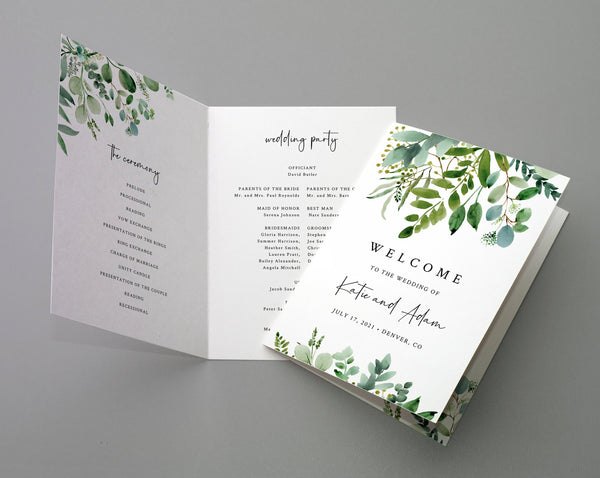 Bi-Fold Greenery Wedding Program Template, Printable Folded Wedding Program Booklet, Book Fold Order of Ceremony, Templett, W48