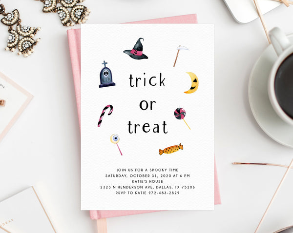 Trick or Treat Halloween Party Invitation Template, Printable Halloween Costume Party Invite, Instant Download, Templett