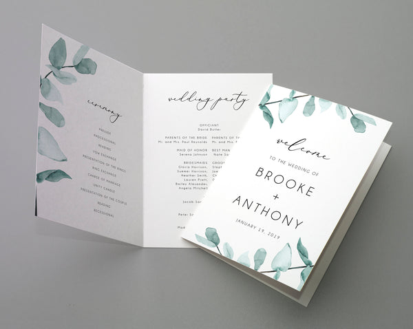 Bi-Fold Eucalyptus Wedding Program Template, Printable Folded Wedding Program Booklet, Editable Greenery Wedding Program, Templett, W21