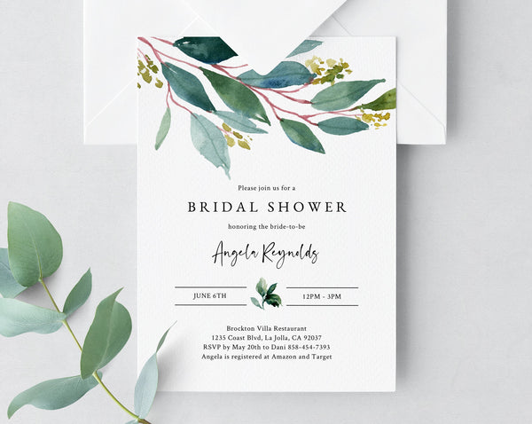 Bridal Shower Invitation Template, Printable Bridal Shower Invite, Greenery Bridal Invitation, Bridal Shower Invites, Templett, W28