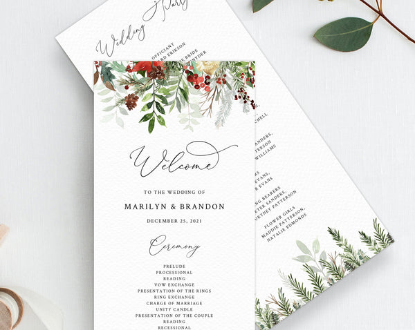 Christmas Wedding Program Template, Printable  Holidays Themed Wedding Order of Ceremony Card, Instant Download, Templett, W46