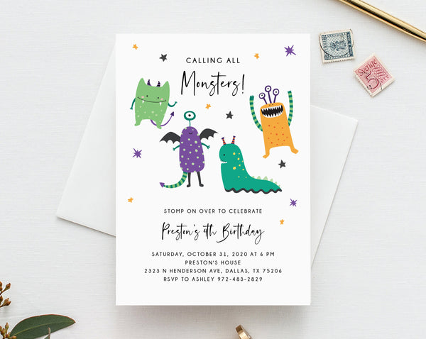 Monster Mash Invitation Template, Printable Halloween Birthday Invite, Kids Little Monster Birthday Party, Instant Download, Templett