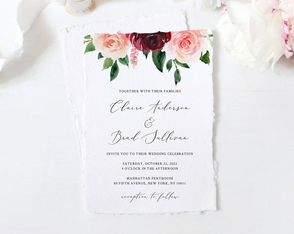 Burgundy Wedding Invitation Template, Printable Wedding Invitation Suite, Burgundy & Blush Floral Wedding Invitation Set, Templett, W49