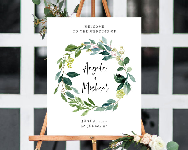 Watercolor Greenery Wedding Welcome Sign Template, Welcome to the Wedding Printable, Welcome Board, Instant Download, Templett, W28
