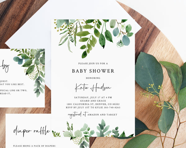 Greenery Baby Shower Invitation Template, Printable Baby Shower Invitation, Baby Shower Invitation, Templett, B48