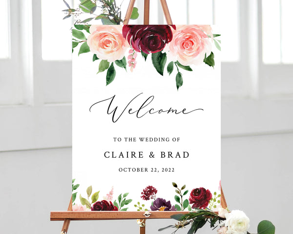 Burgundy & Blush Floral Wedding Welcome Sign Template, Welcome to the Wedding Printable, Welcome Board, Instant Download, Templett, W49