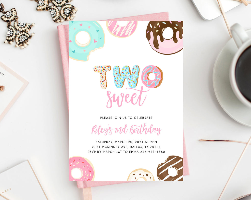 Two Sweet Birthday Invitation Template, Donut 2nd Birthday Party  Invitation, Printable Donut Themed Invite, Instant Download, Templett, image size:1024x815