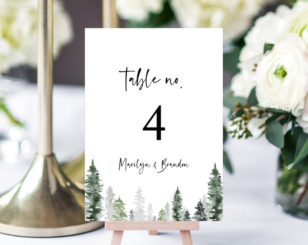 Pine Trees Wedding Table Number Template, Printable Winter Wedding Table Numbers, Forest Table Numbers Card Template, Templett, W47