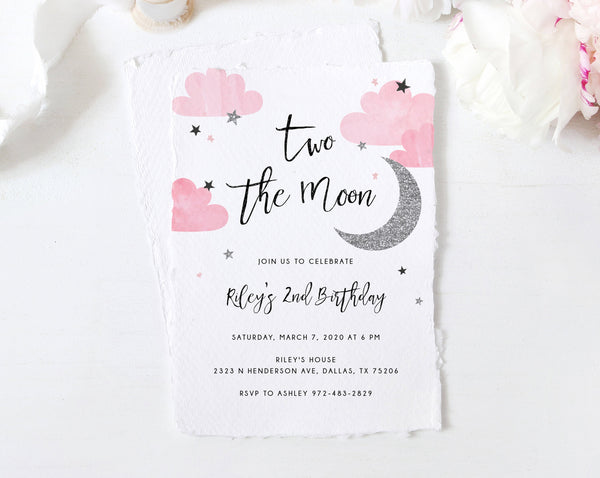Two the Moon Invitation Template, Printable 2nd Birthday Invite, Moon Birthday Invitation, Instant Download, Templett