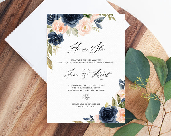Gender Reveal Invitation Template, Navy Blue and Blush Pink Floral Gender Reveal Invite, Editable Template, Instant Download, Templett, B34
