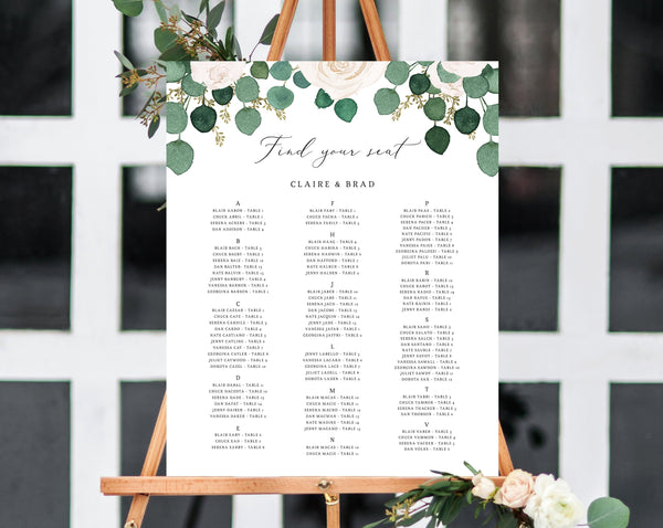 Wedding Seating Chart Template, Alphabetical Seating Chart, Greenery Wedding Seating Board, White Floral, Instant Download, Templett, W42