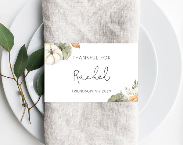 Thanksgiving Napkin Ring Template, Printable Thanksgiving Place Cards, Thankful For Place Cards, Editable Template, Friendsgiving, Templett