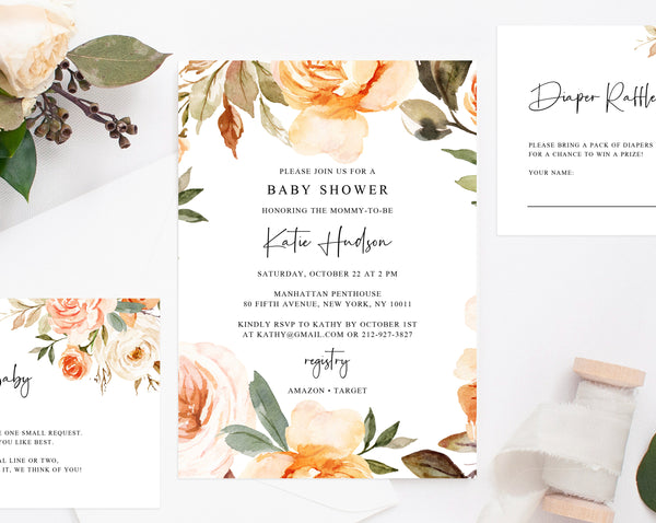 Rustic & Nude Floral Baby Shower Invitation Template, Printable Baby Shower Invite, Warm Floral Baby Shower Invitation, Templett, B51